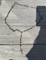 Xtra Long, Rosary Jasper Green Necklace with Miraculous Medal Cross Multicolor Rosaries
