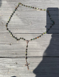 Xtra Long, Rosary Jasper Green Necklace with Miraculous Medal Cross Multicolor Rosaries