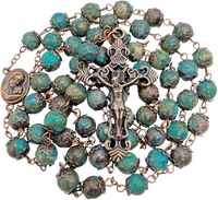 Xtra Long, Rosary Jasper Green Necklace with Miraculous Medal Cross Multicolor Rosaries