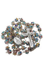 Xtra Long, Rosary Silver Necklace with Miraculous Medal Cross Multicolor Rosaries