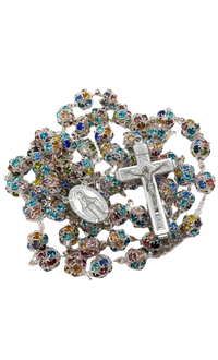 Xtra Long, Rosary Silver Necklace with Miraculous Medal Cross Multicolor Rosaries