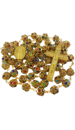 Xtra Long, Rosary Gold Necklace with Miraculous Medal Cross Multicolor Rosaries